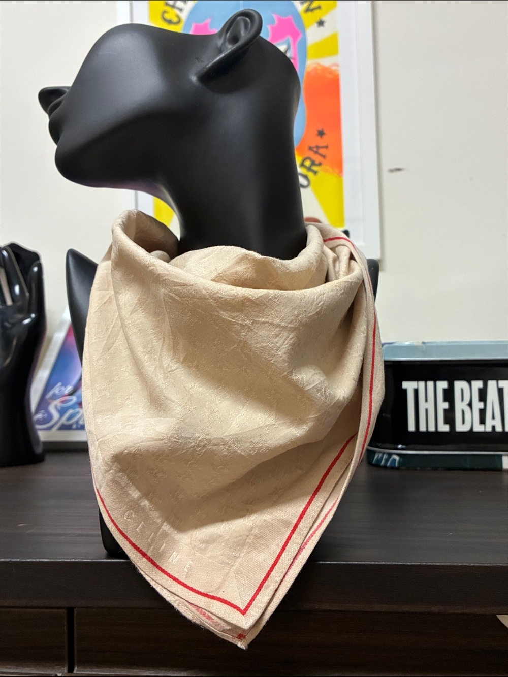Celine Vintage 90s Beige Bandana Scarf with Red Trim
